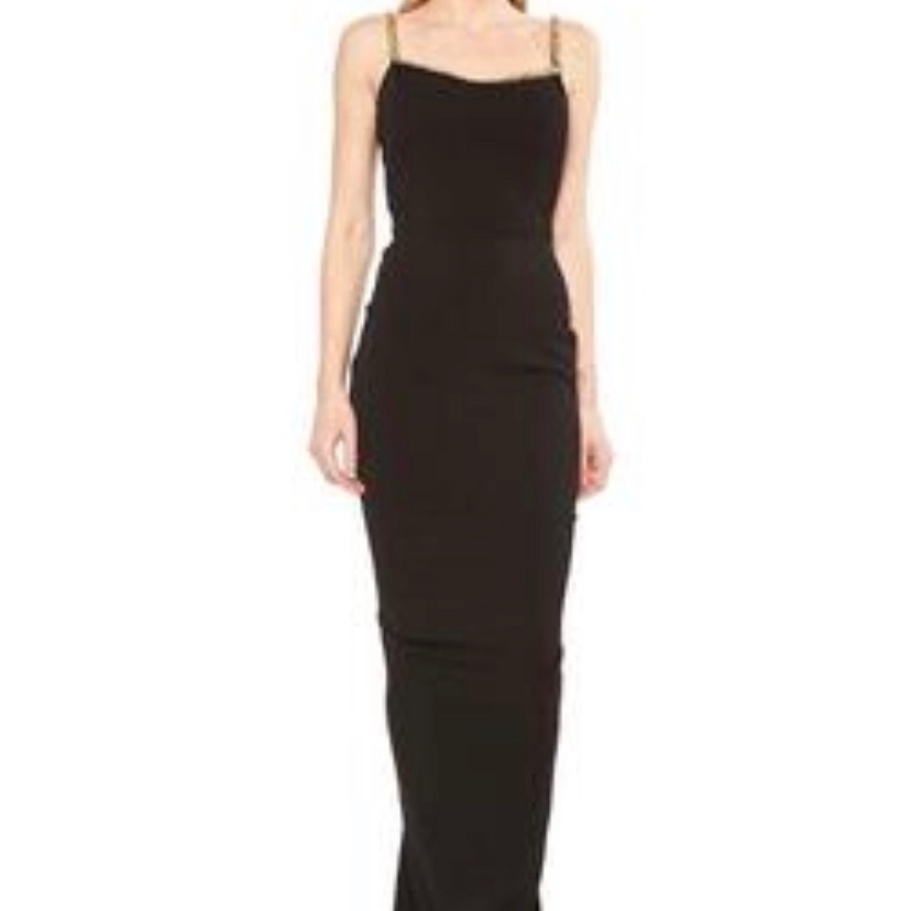 Nicole Bakti Crystal Trim V Neck Dress Ruffle Back